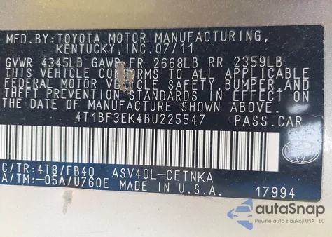 2011 Toyota Camry Le/Se/Xle from USA, damaged, VIN 4T1BF3EK4BU225547